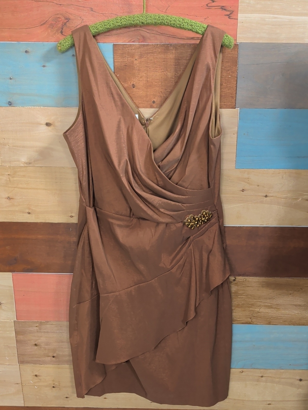 London Times Copper-Brown Draped Midi Dress with Decorative Waist Accent